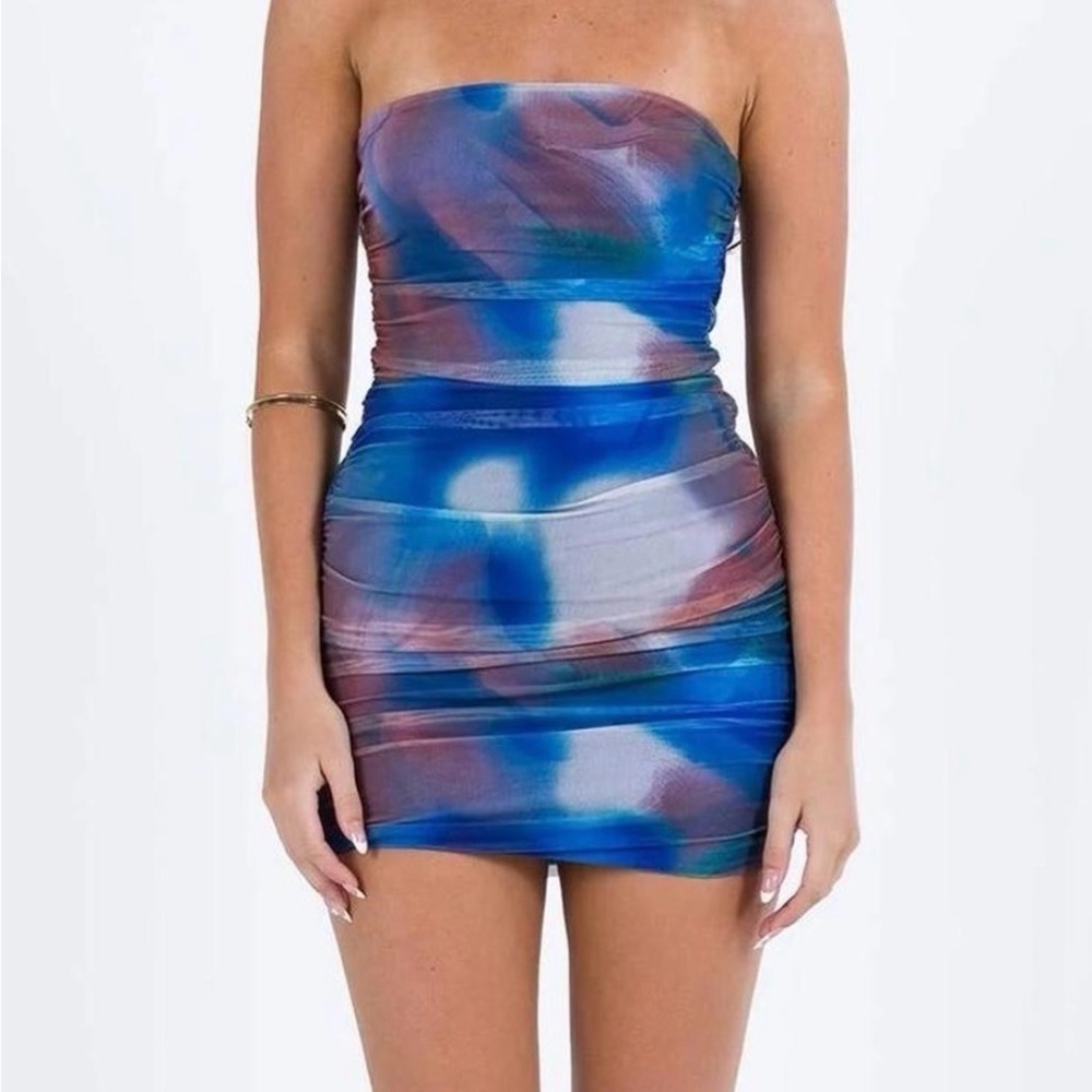 Princess Polly Strapless Blue Tie-Dye Abstract Bodycon Mini Dress